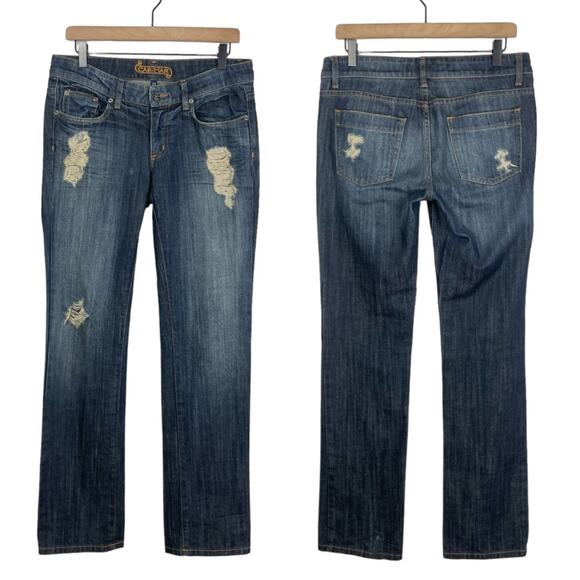 CarMar | Dark Wash Low Rise Distressed Straight Leg Denim Jeans - Picture 1 of 7